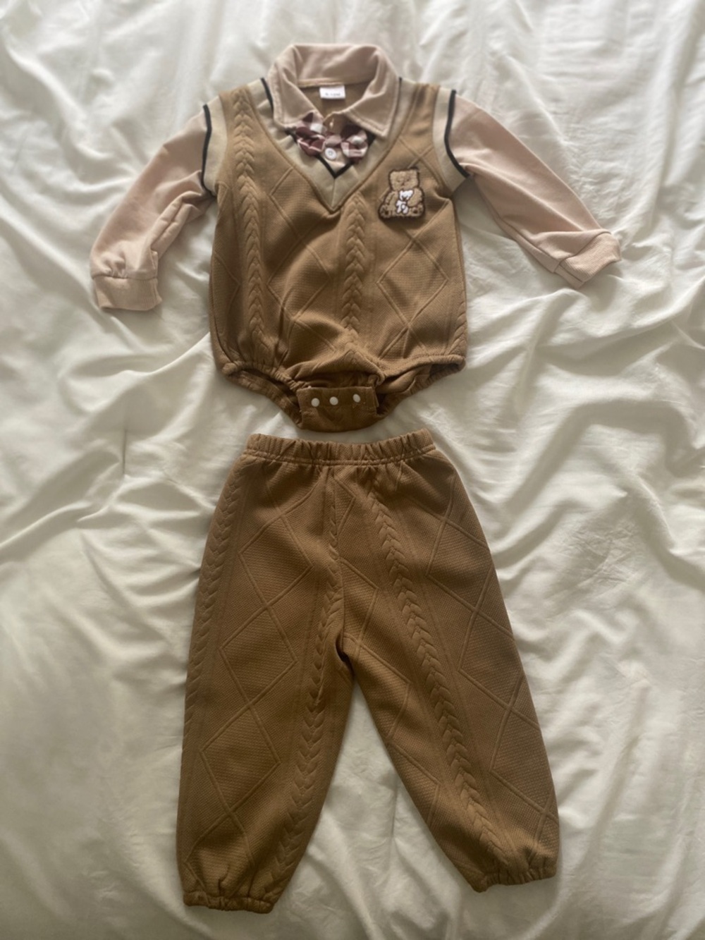 Two-Piece Baby Brown Sweater Set with Bear Patch